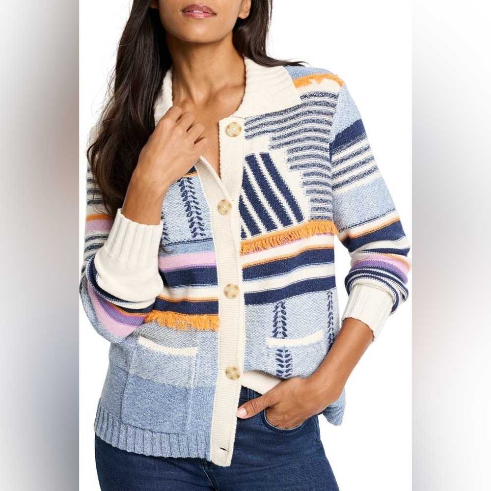 NIC+ZOE Indigo Multi Patchwork Fringe Cardigan Sweater NWT $188 | Size S